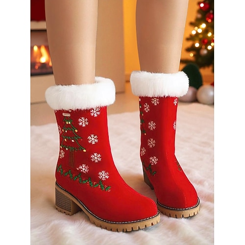 Weihnachts-Schneestiefel für Damen – rote Samtstiefel mit Schneeflockenstickerei und Fellfutter, hoher Absatz für Weihnachtsfeiern, Winterveranstaltungen und festliche Anlässe Image