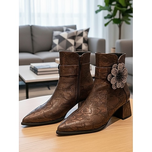 Braune Damenstiefeletten mit Schlangenmuster und Kristallblumenverzierung – schicker Blockabsatz, spitze Zehenpartie, trendige Freizeitstiefel für Herbst Winter und den täglichen Ausflug Image