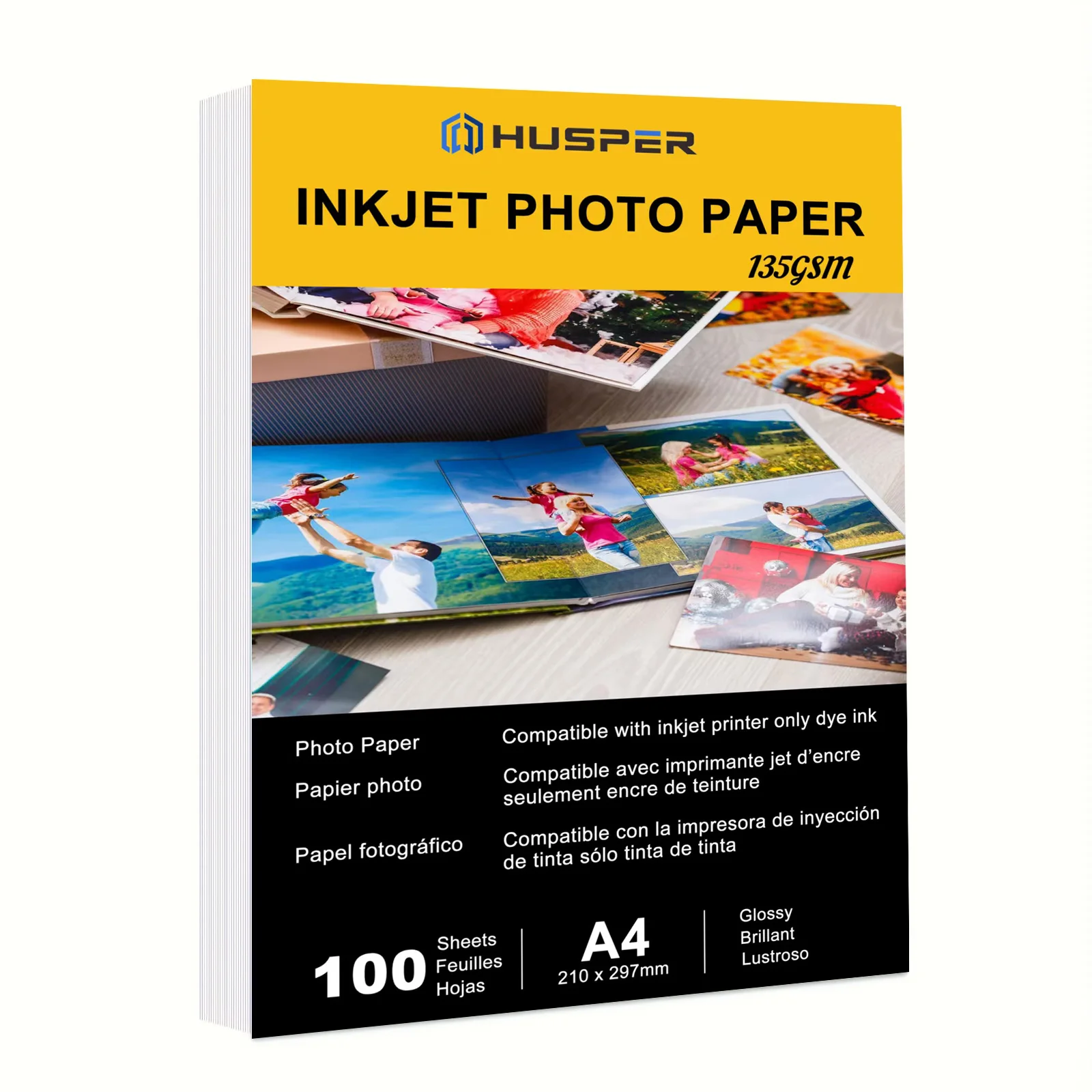 HUSPER A4 100 Blatt 135 g/m2 Größe (210 x 297 mm) für Drucker, Bilddruckerpapier, glänzendes weißes Druckerpapier in Fotoqualität Image