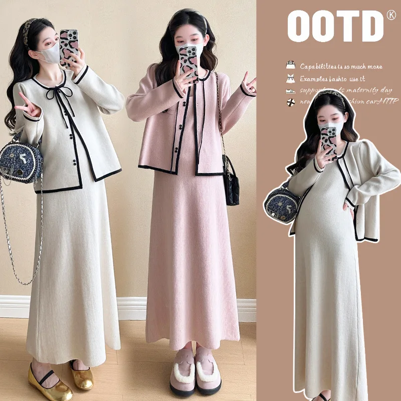 Chic Pregnancy Wear Fall Season Cashmere Open Front Coat and Satin Camisole Dress Sophisticated Coordinated Ensemble