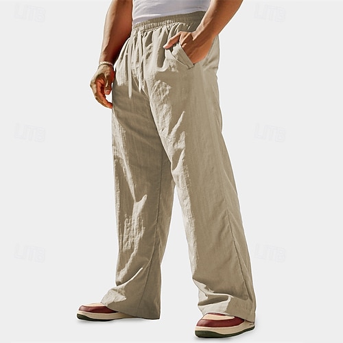 Herren Leinenhosen Hose Baggy-Hosen Freizeithose Kordelzug Tasche Elastischer Bund Einfach Komfort Sport im Freien Täglich Mode Lässig Blau Schwarz Mikroelastisch Image