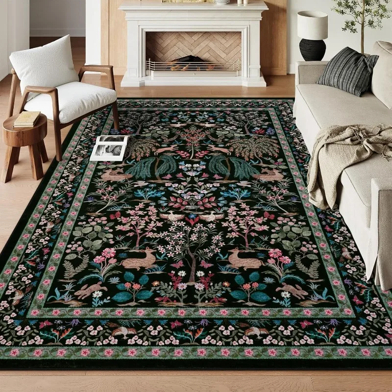 Schwarze Teppiche für Wohnzimmer, maschinenwaschbare Bodenmatte, botanische Blumenvögel, natürlich inspirierter Teppich, rutschfest, weich, Heimdekoration Image