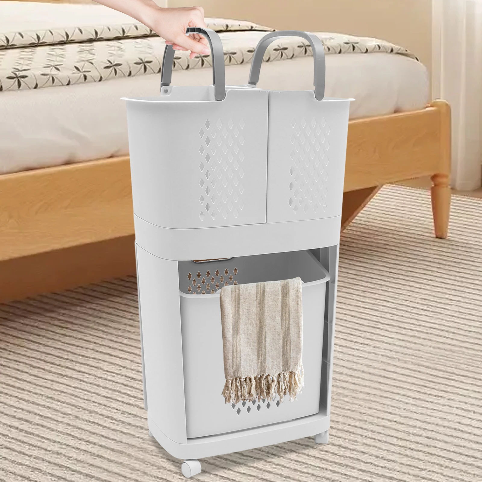 Panier à linge sale avec roue, support de rangement pour salle de bain, chariot à linge roulant en plastique à 3 couches, panier à linge Portable pour la maison