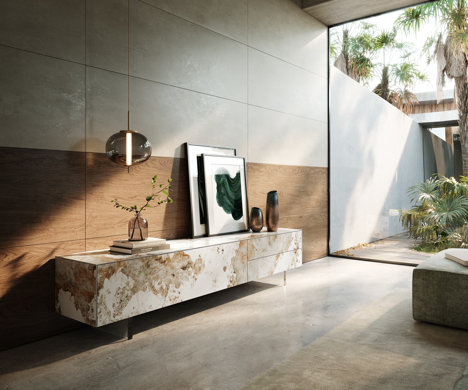 DELIFE Lowboard Cuor 220 cm Keramik Minas Melange Weiß-Beige 1 Klappe 2 Schubfächer Fuß Schwebeoptik Acrylglas, Lowboards Image