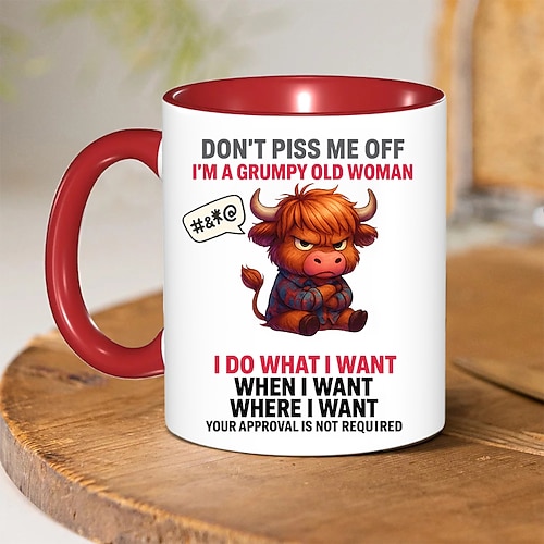 lustige Geschenktasse, Highland-Kuh-Kaffeetasse, Don't Piss Me Off, Cartoon-Tier, 325 ml, Keramiktasse, mürrische alte Frau, Geburtstagsgeschenk, sarkastisches Humorgeschenk für Mama, Frau oder Image
