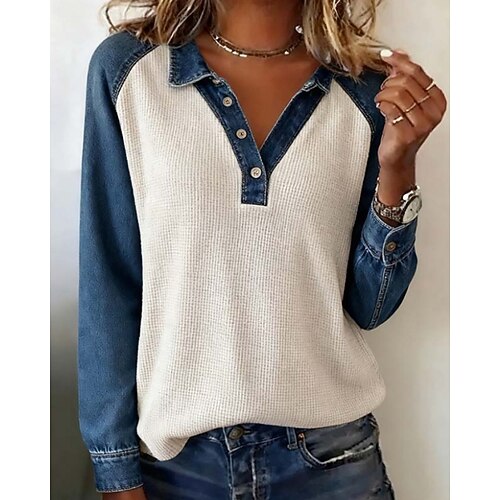 Damen Hemd Bluse Patchwork Knöpfe Farbblock Aktiv Lässig Langarm Hemdkragen Normale Oberteile Täglich Ferien Ausgehen Weiß Herbst Winter Image
