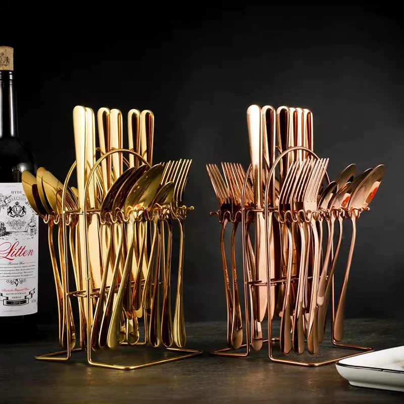 24Pcs Silverware Set with Hanging Holder Stainless Steel Flatware Set Mirror Polished Forks Knives Spoon Tableware Set for Home