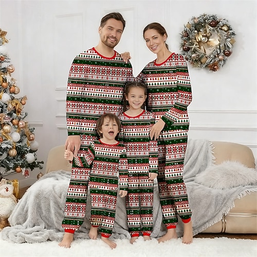Familie Weihnachten Weihnachtspyjama für die Familie Schlafanzug Familiensets Grafik Schneeflocke Heim Druck Dunkelgrün Grün Langarm Täglich Passende Outfits Image
