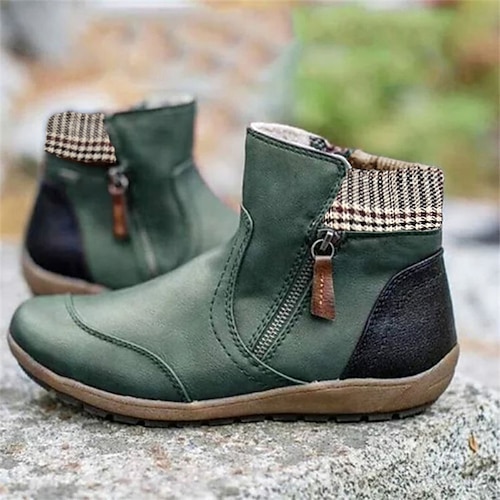 Damen Stiefel Übergrössen Outdoor Täglich Stiefeletten Stiefeletten Winter Reißverschluss Flacher Absatz Runde Zehe Vintage Brautkleider schlicht Wanderschuhe PU Leder Reißverschluss Plaid Farbblock Image