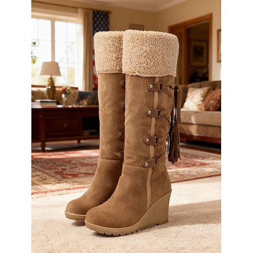 Damenstiefel mit Keilabsatz aus braunem Wildleder und Kunstfellbündchen – stylisches Schnürdesign mit Quasten, warme und bequeme Winterstiefel für Freizeit und Outdoor Image