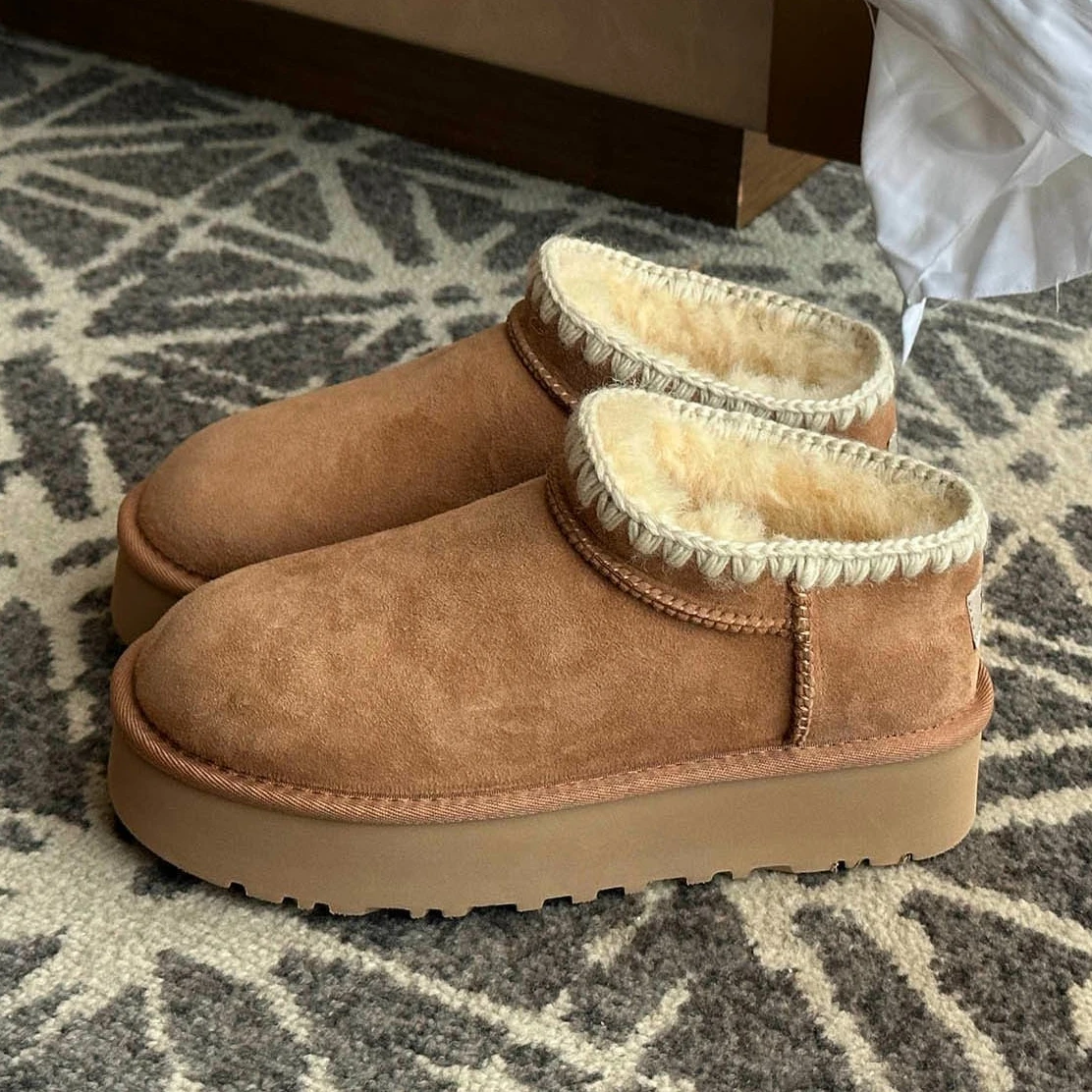 Damen-Hausschuhe aus Baumwolle, flache Plateau-Pantoletten, Schuhe, Wildleder, Schneestiefel, lässig, 2025, Zuhause, Flip-Flops, Winter, neue, gemütliche, modische Damenschuhe