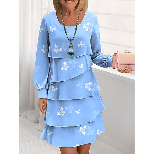 Damen Knielanges Kleid Freizeitkleid Chiffonkleid Shiftkleid Kleid mit vielen Schichten Elegant Urlaub Party Normale Passform Blumen Langarm Rundhalsausschnitt Schwarz Weiß Blau Grün Sommer Frühling Image