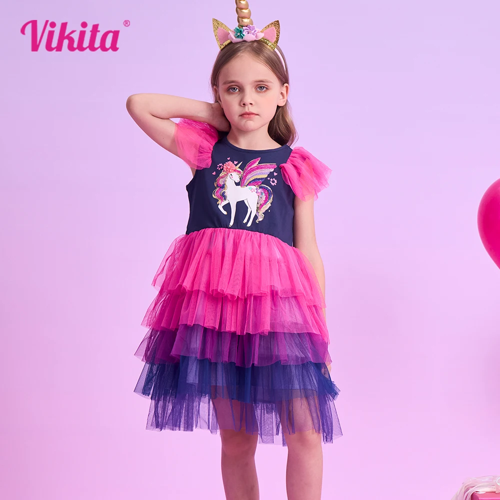 VIKITA Mädchen Sommerkleid Kinder Prinzessin Farbverlauf Pailletten Hochzeit Geburtstag Party Kleid Elegante Mode Kleider Einhorn Kostüme Image