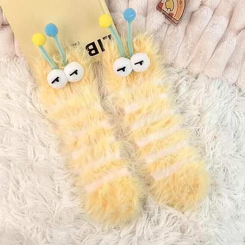 Einzigartige und lustige hässliche Socken, flauschige Monstersocken für Damen, weiche, plüschige Wintersocken mit Alien-Design, 3D-Augen und Lächeln, gemütliche, neuartige, pelzige Hausschuhsocken für Image