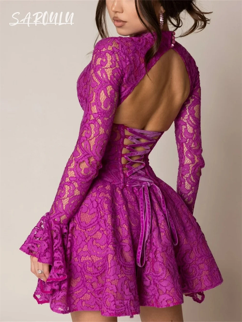 Sexy Open Back Lace Mini Prom Dress Lace-up Customized Colors Above Knee Women's Cocktail Party Gown Formal Occasions