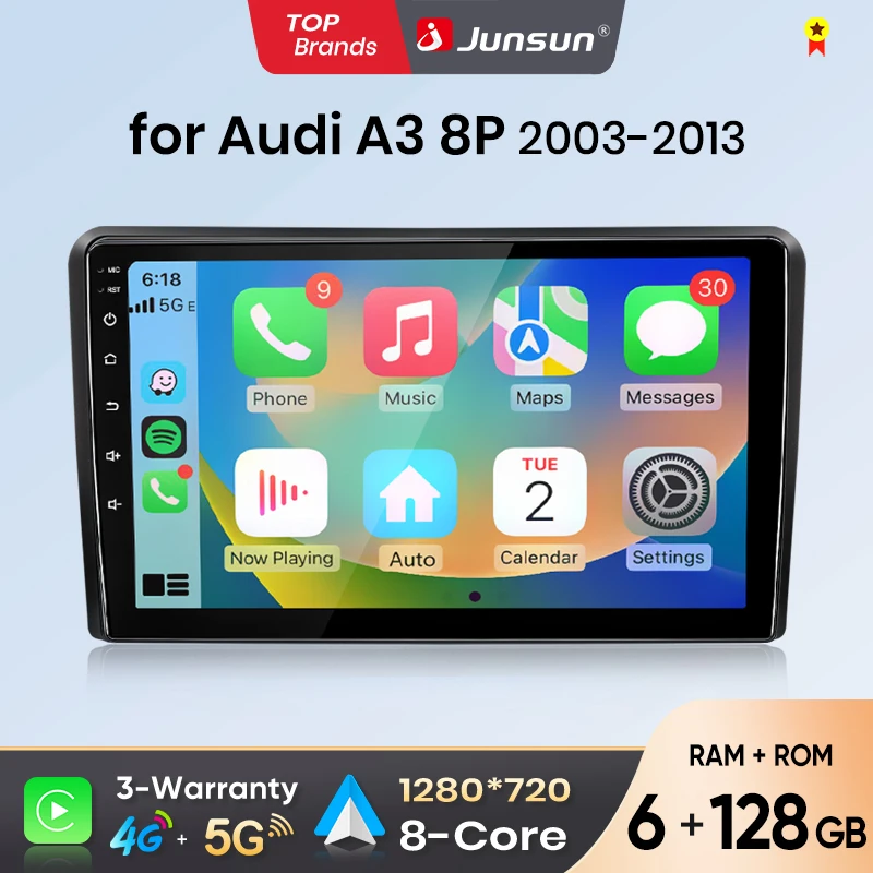 Autoradio Android Junsun per Audi A3 2003 2004 2005 2006 2007 2008 2009 2010-2013, Sistema Multimediale Intelligente con Apple CarPlay Wireless, Schermo Touch IPS, Lettore Video Stereo, Unità di