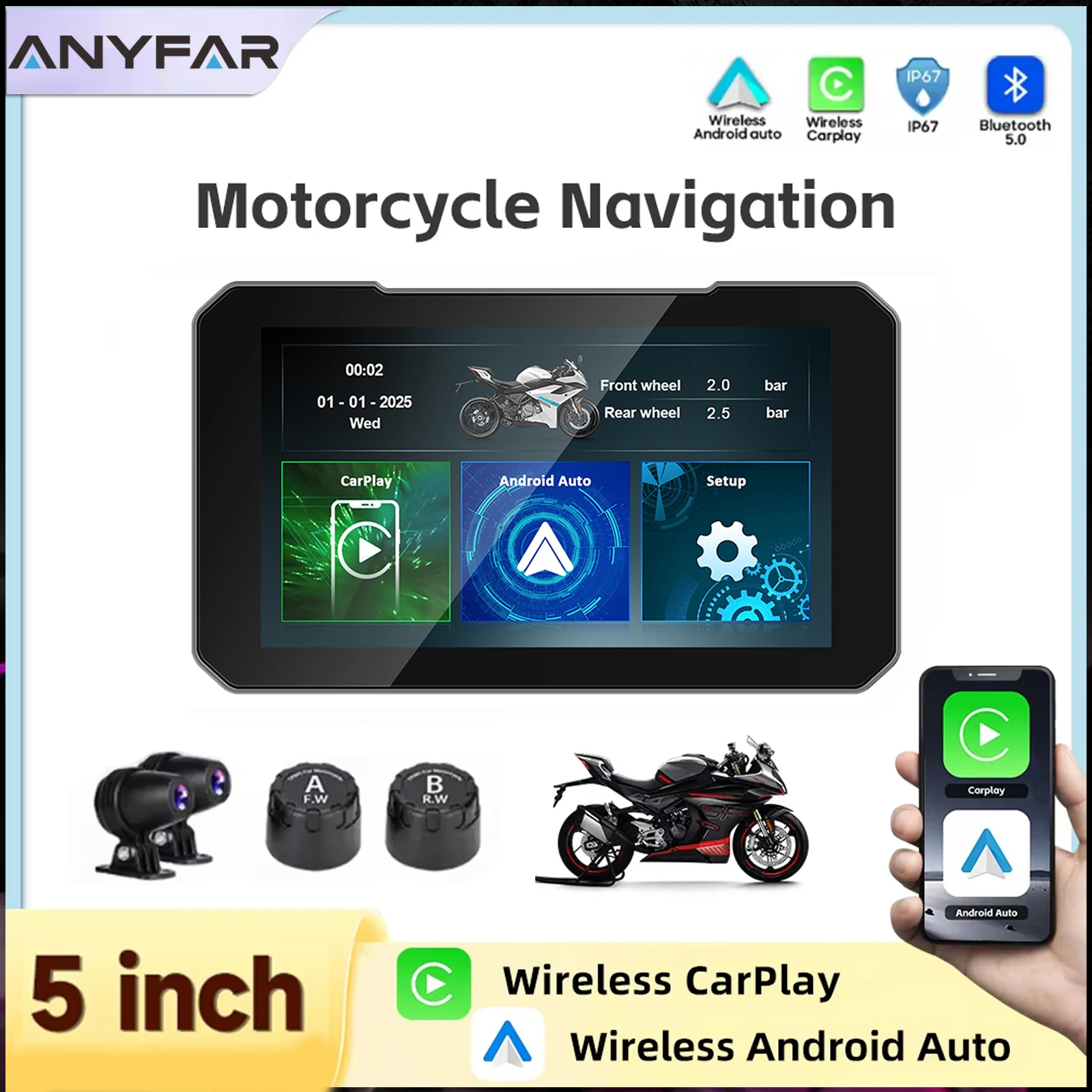 5 Zoll Motorrad GPS-Navigation Kabelloses CarPlay Android Auto Multimedia-Player Tragbarer Wasserdichter Motor Image