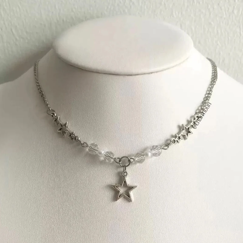 Y2K Gioielli Collana con ciondolo a forma di stella con perline trasparenti lucide Accessori vintage da donna Collana con ciondolo alla moda coreana Collana punk