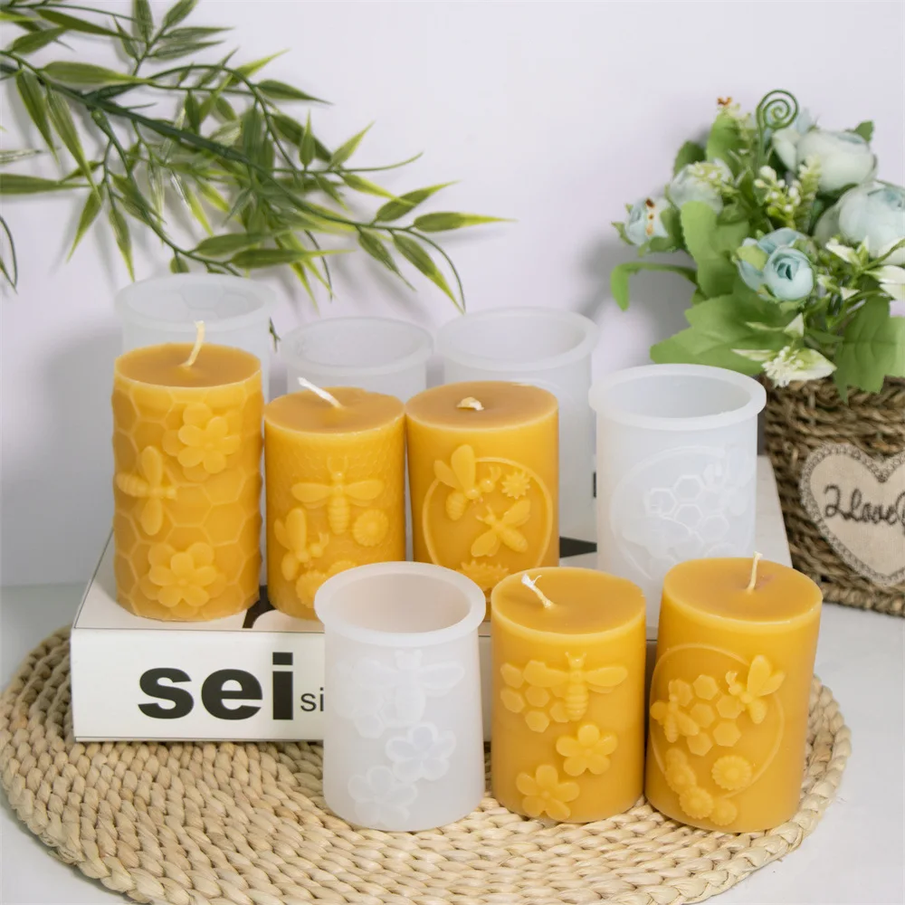 3D Waben Säule Kerze Silikon Form DIY Geprägte Biene und Blume Waben Zylinder Aromatherapie Kerze Gips Form Dekor Image