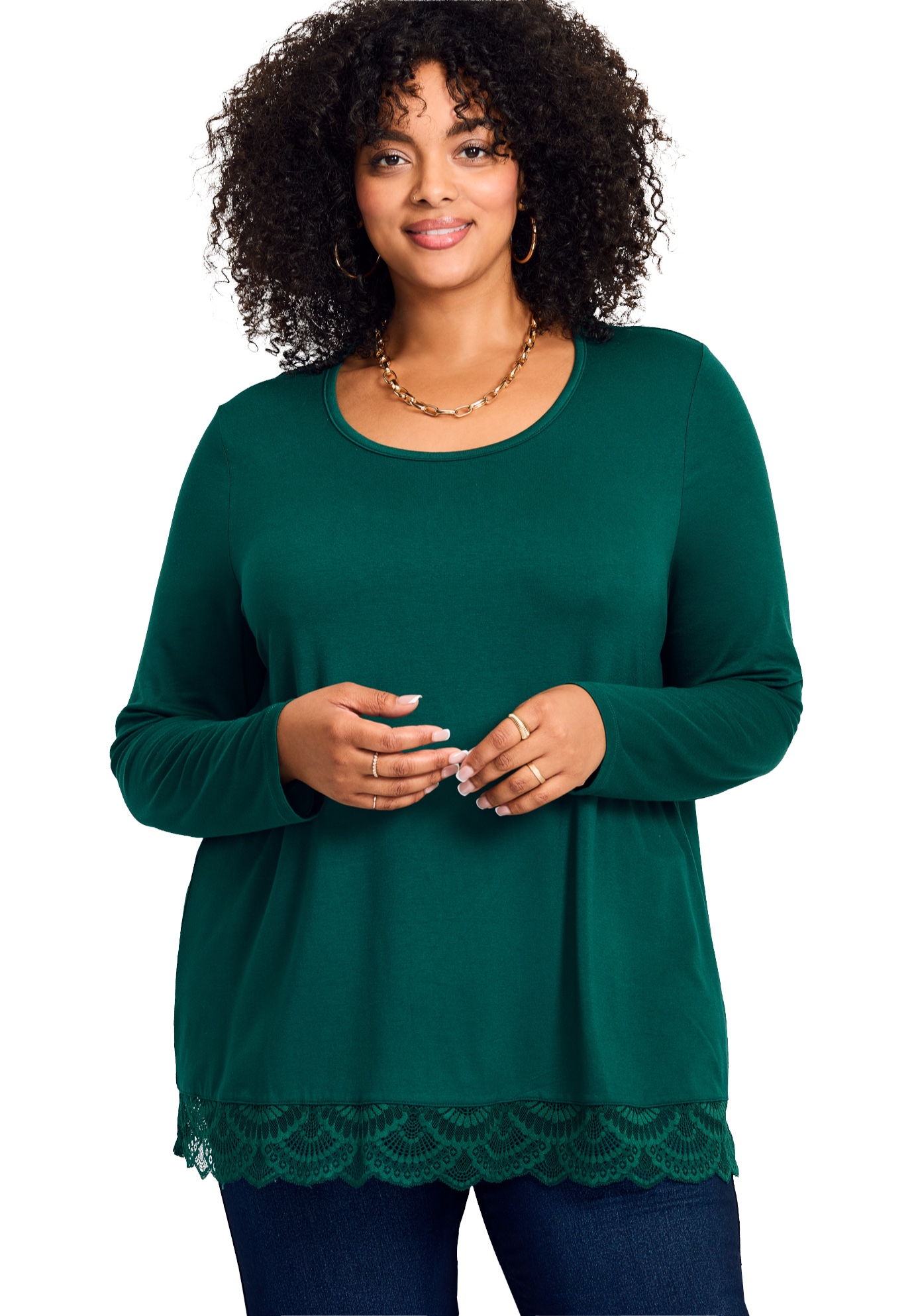 Plus Size Women's Lace Hem Crewneck Tunic by Avenue in Emerald Green (Size 20)