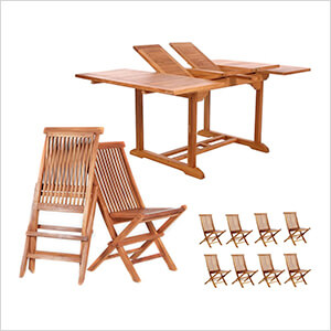 All Things Cedar 9-Piece Butterfly Extension Table Folding Chair Set with Red Cushions