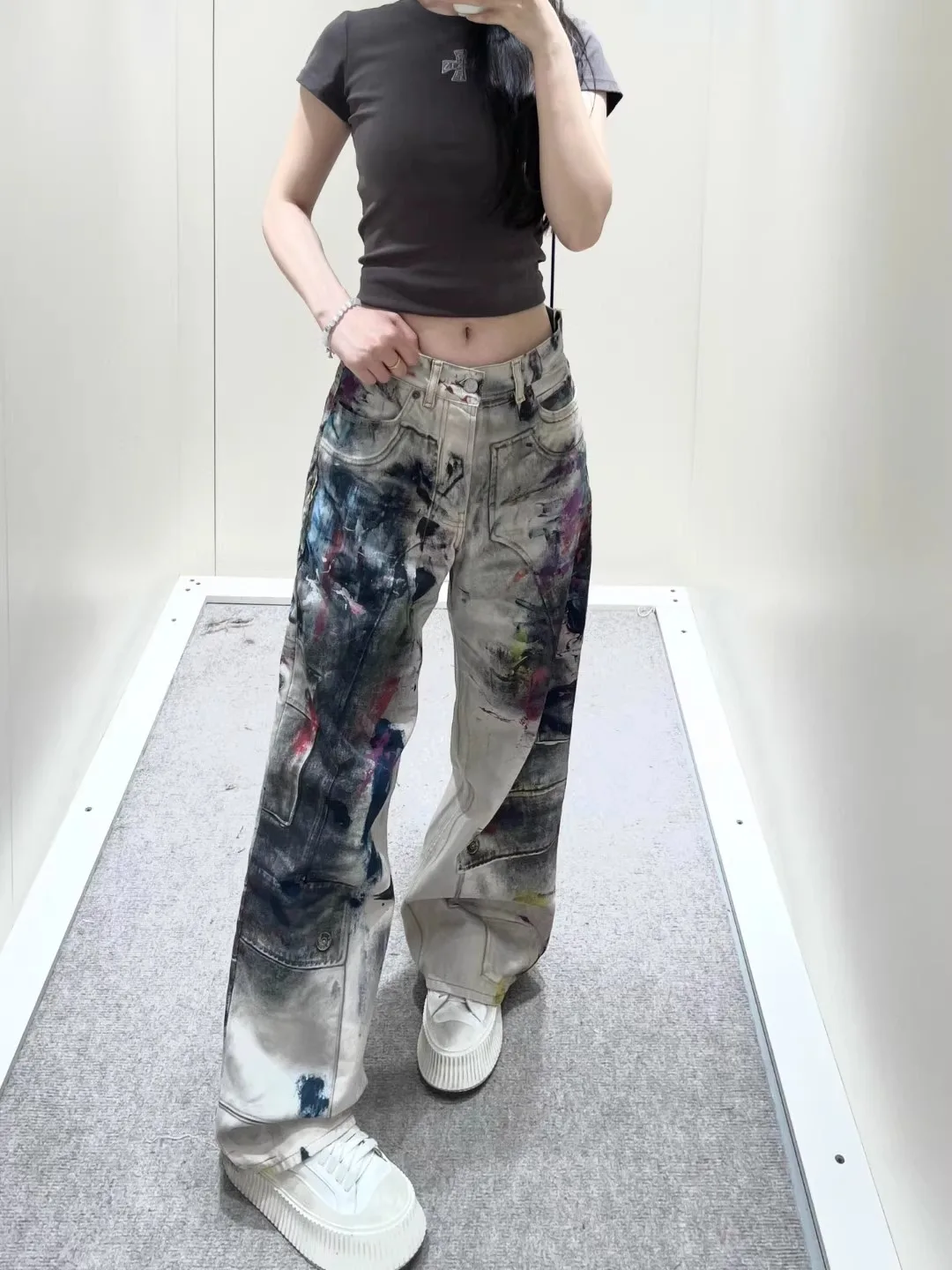 Amerikanische Vintage-Graffiti-3D-gedruckte Jeans für Damen im High-Street-Y2K-Stil, lockere, gerade geschnittene, lässige, bodenlange Hose mit weitem Bein Image