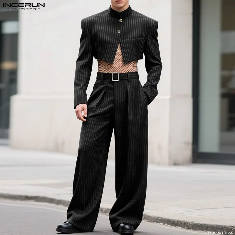 INCERUN Set da uomo a righe Colletto allentato Manica lunga Crop Blazer e pantaloni 2 pezzi Streetwear 2025 Moda Casual Abiti da uomo