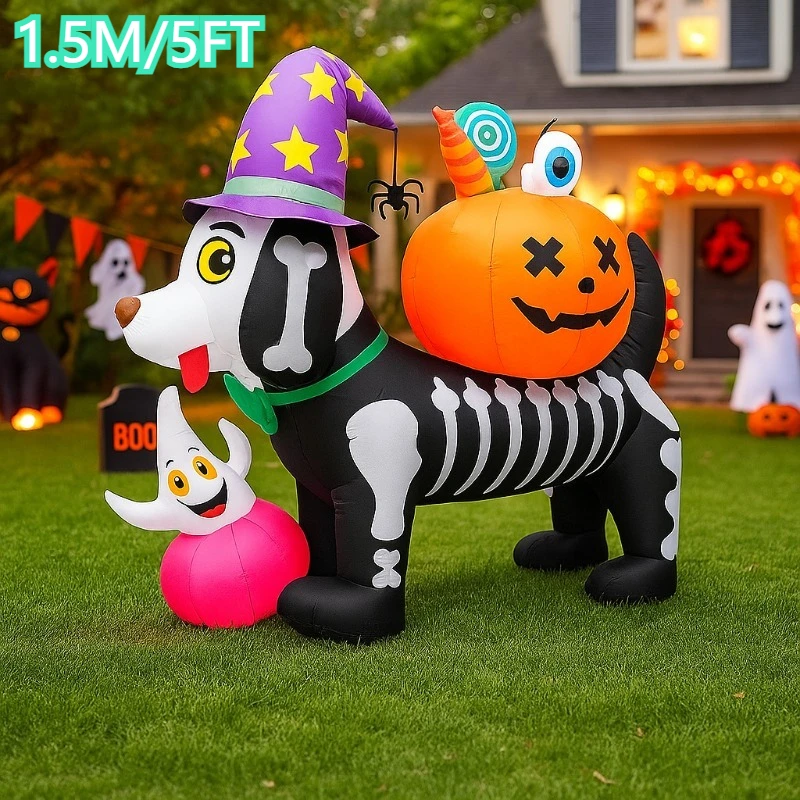 5FT Halloween aufblasbares Spielzeug Skelett Hund mit Kürbis Dekorationen LED leuchten Blow Up Weihnachtsbedarf Rasen aufblasbares Modell Image
