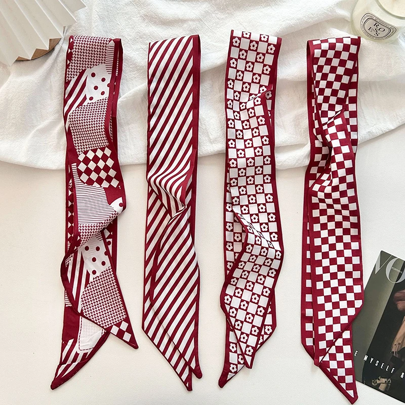 2025 neue Luxus Marke Schal Rot Streifen Druck Frauen Schal Tasche Haar Dünne Seide Schals Dame Foulard Halstuch Stirnband Image