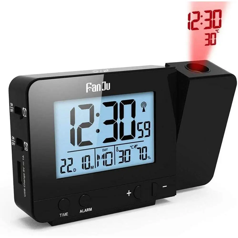 Projektionswecker mit 180er ° Drehbarer Projektor, FM-Radio, rote LED-Anzeige, 4-stufiger Helligkeitsdimmer, Dual-Alarm Image