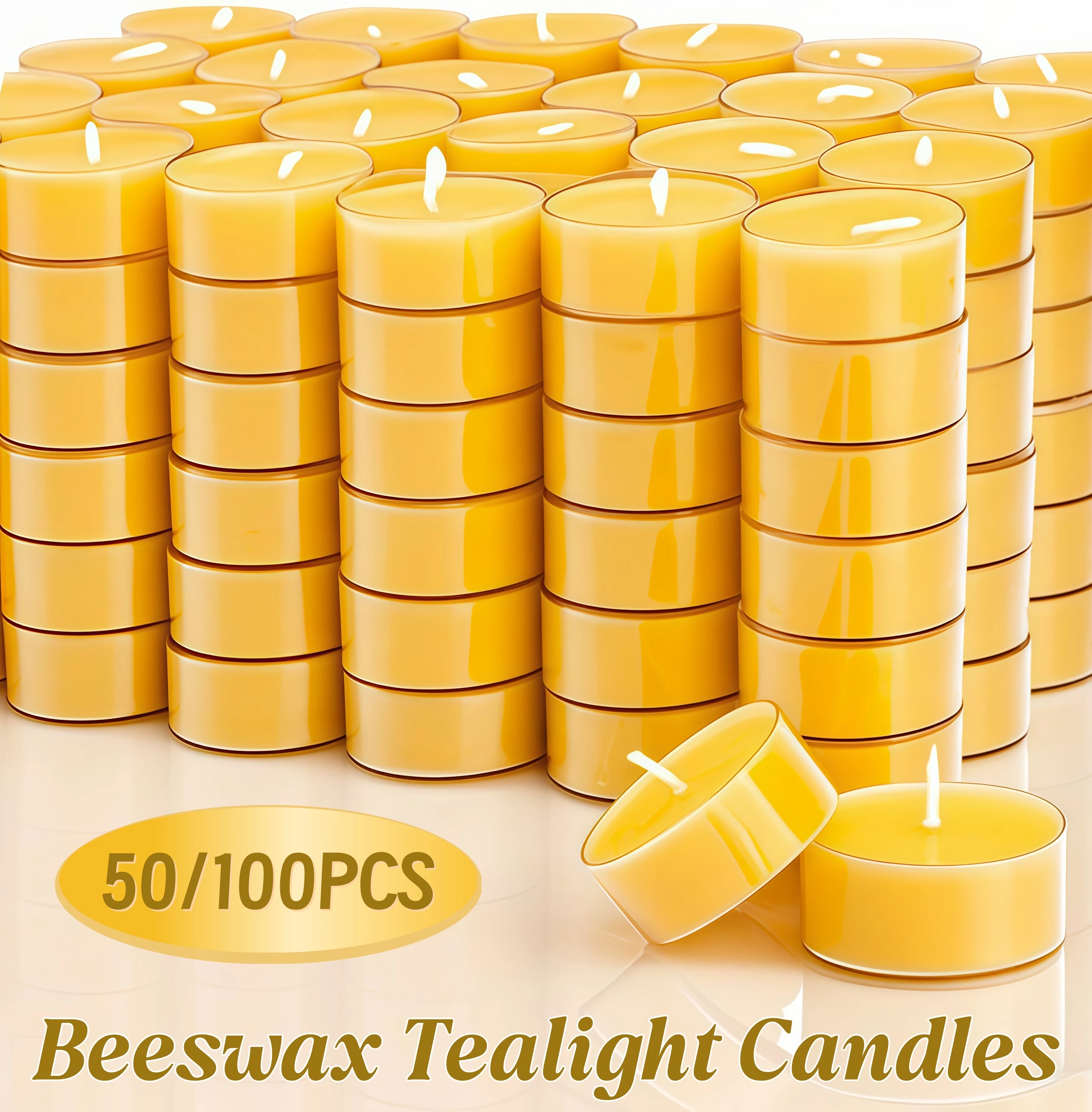 50–100 Stück Bienenwachs-Teelichtkerzen, rauchfrei, umweltfreundliche Kerzen, Weihnachts-Teelicht für Hochzeitsgeschenke, Kerzen, 4-Stunden-Sauberes Brennen Image