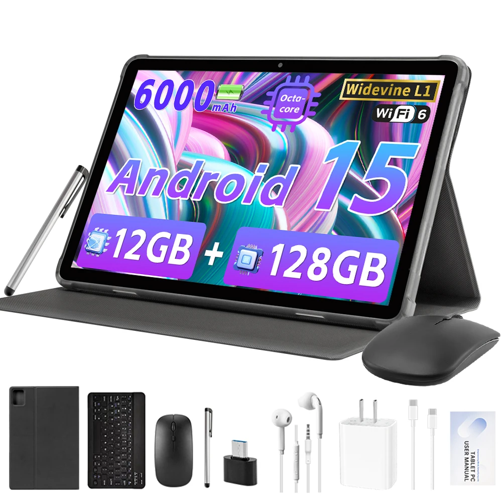 Android 15 Tablets 2025, 10,1 Zoll Android-Tablet mit Octa-Core-Prozessor, 12 GB RAM, 128 GB ROM, 1 TB, erweitert 6000 mAh Akku, Dual-Kamera Image