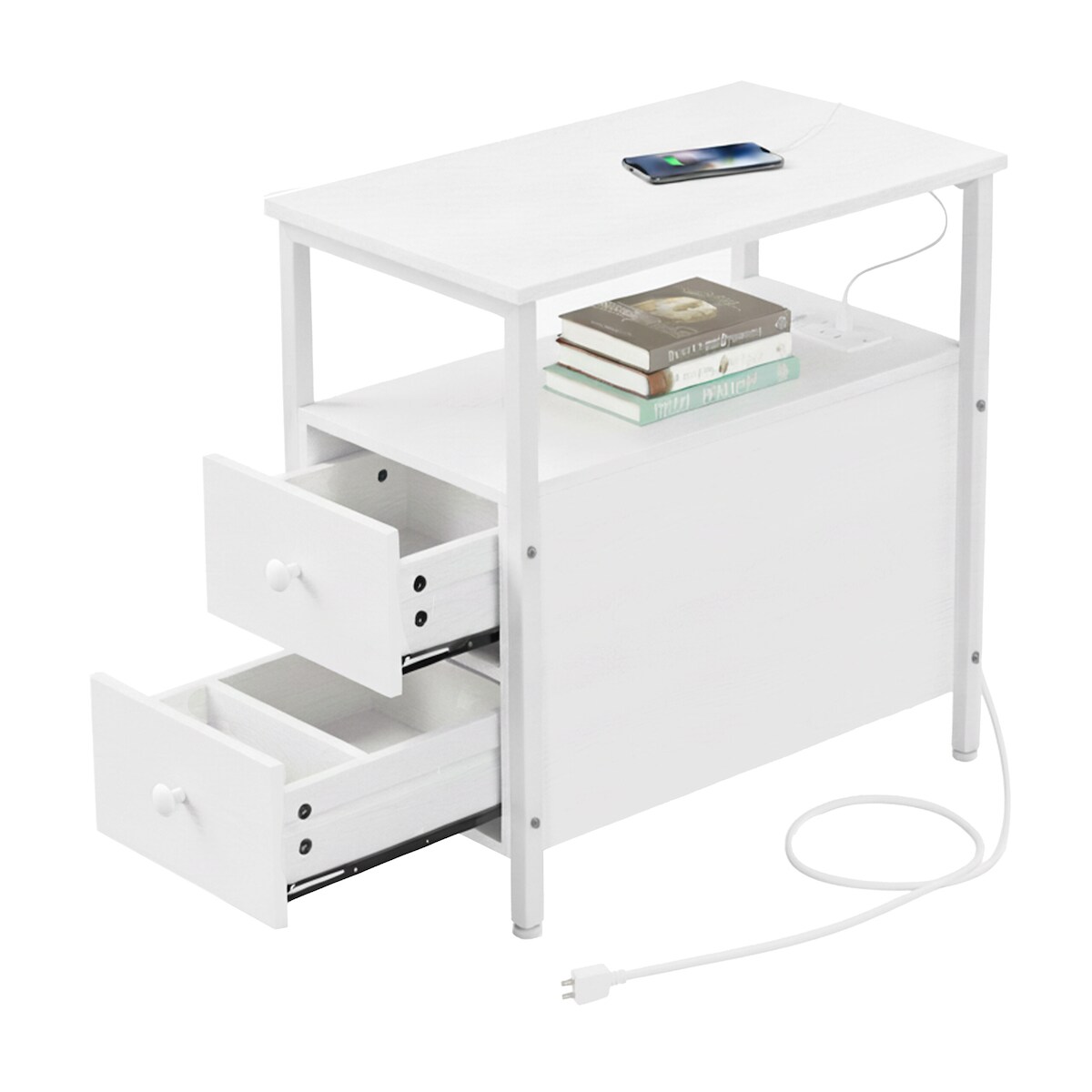 Relaxdays Beistelltisch mit Steckdosen, USB-Anschluss, 2 Schubladen, HxBxT: 61 x 35 x 60 cm, eckiger Nachttisch, weiß Image
