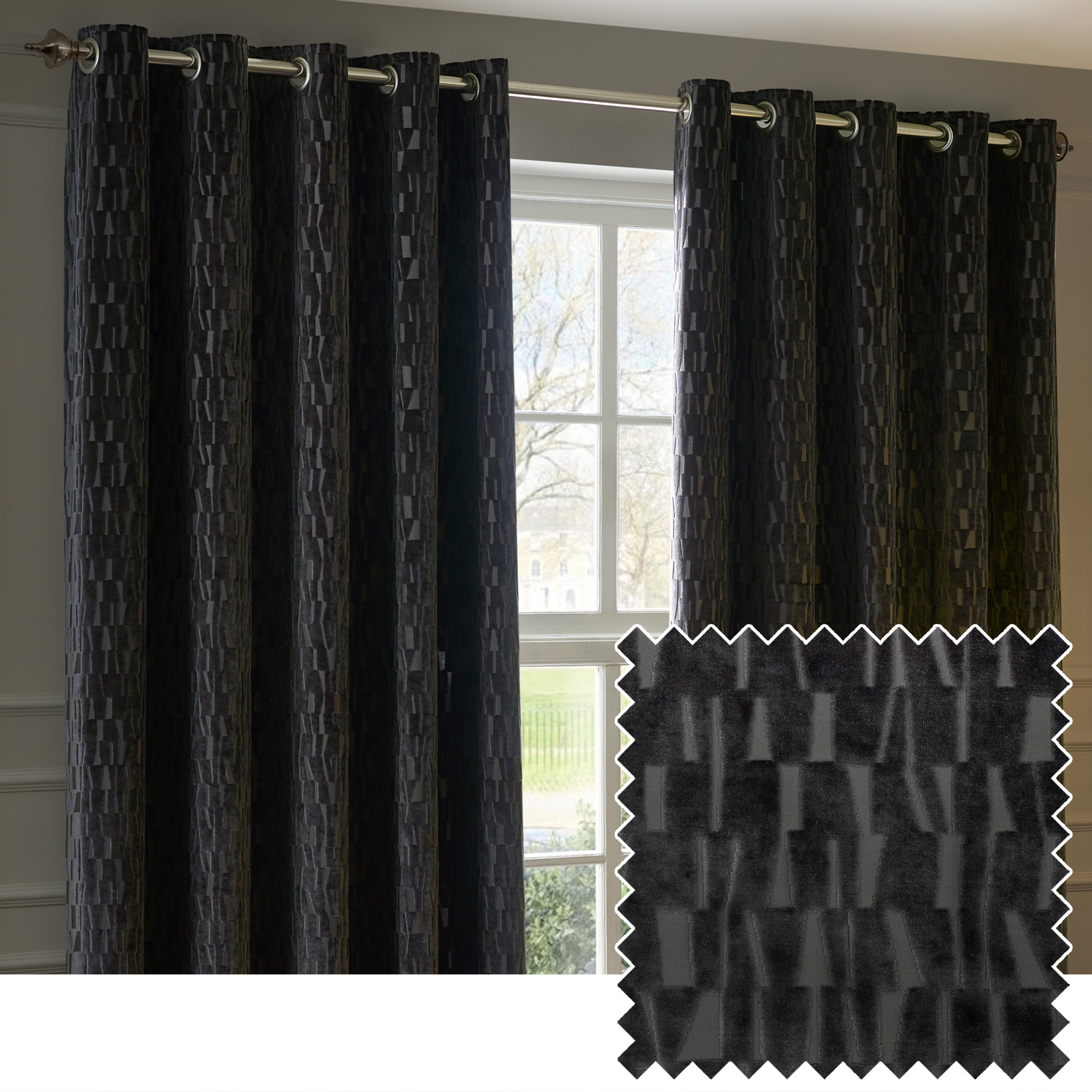 Paoletti Manhattan Velvet Room Darkening Eyelet Curtain Pair, Charcoal - Black - Size 229 cm x 183 cm | Paoletti Sale | Discount Designer Brands