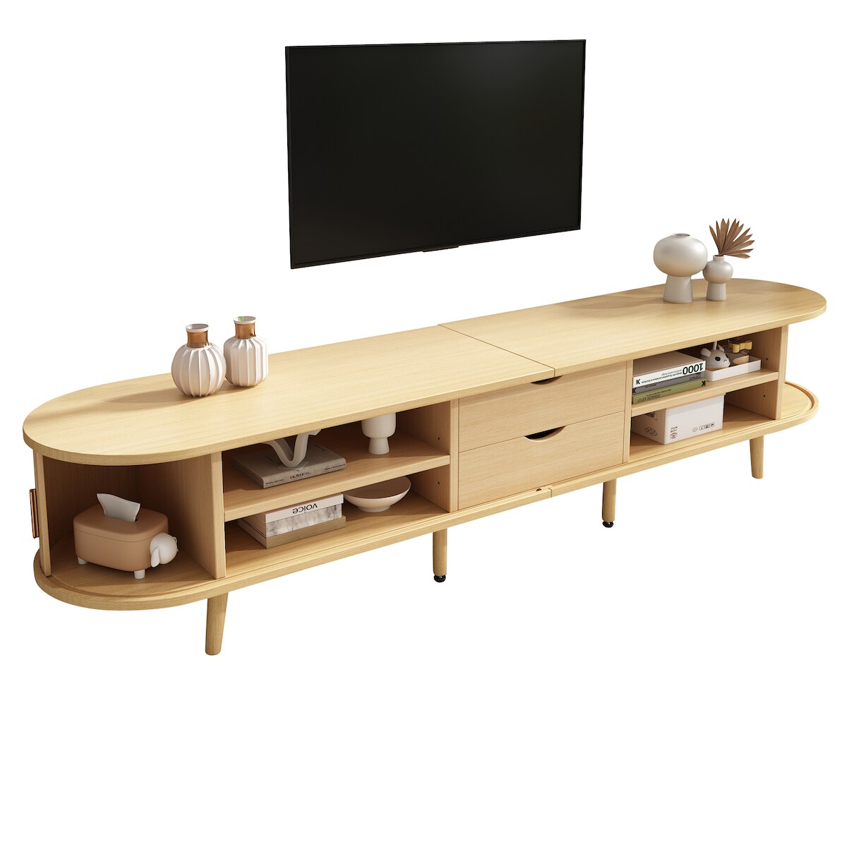 OKWISH TV-Schrank mit Schiebetüren und Doppelschublade, ovales Design, verstellbare Trennwände, 175x40x42cm, heller Walnuss, Wohnzimmermöbel Image