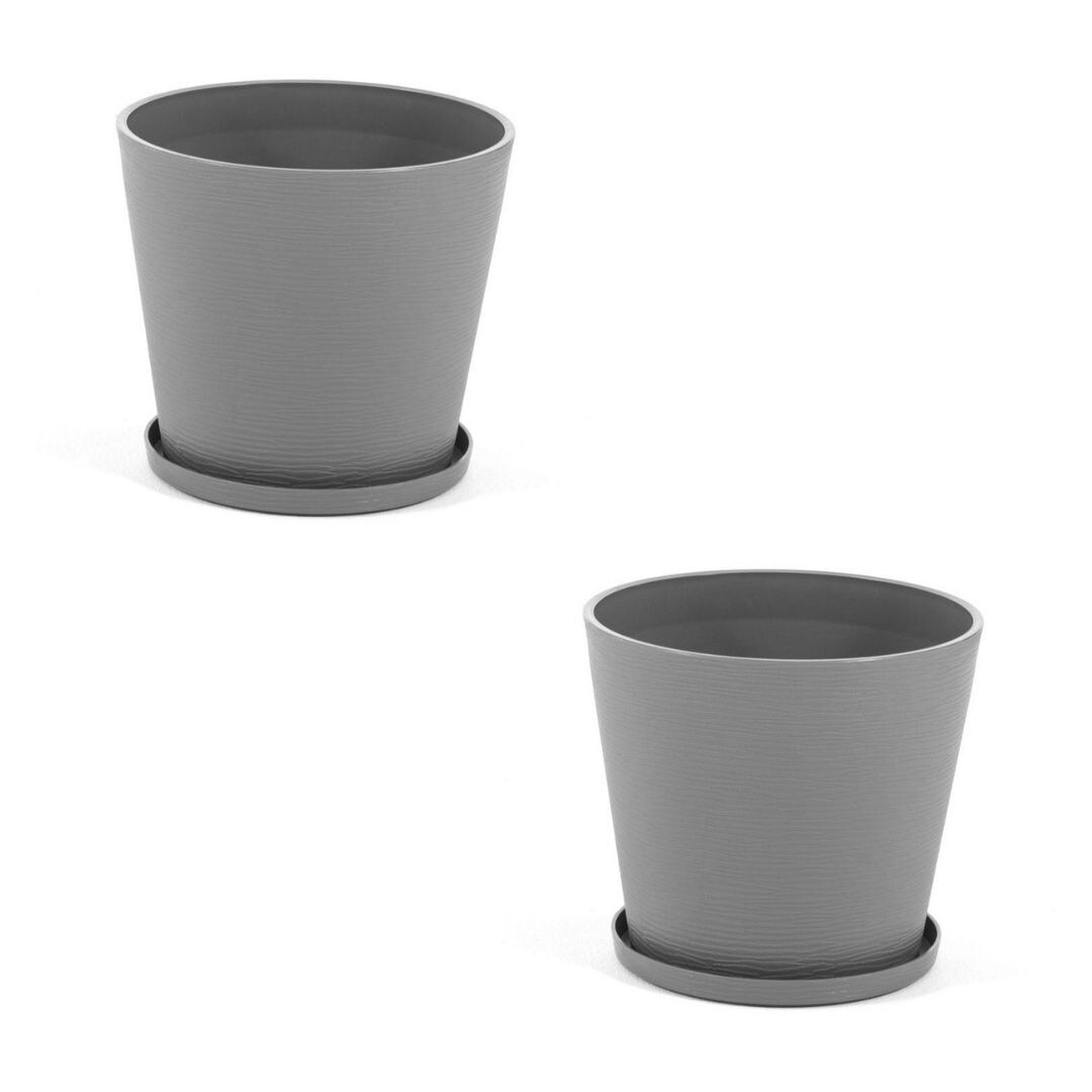 RATTATAN Runder Blumentopf Ø38 cm aus Polypropylen mit Glasfaser, leicht, robust, mit Untersetzer – für Innen- und Außenbereich – LILIUM (2 Stück, Grau) Image