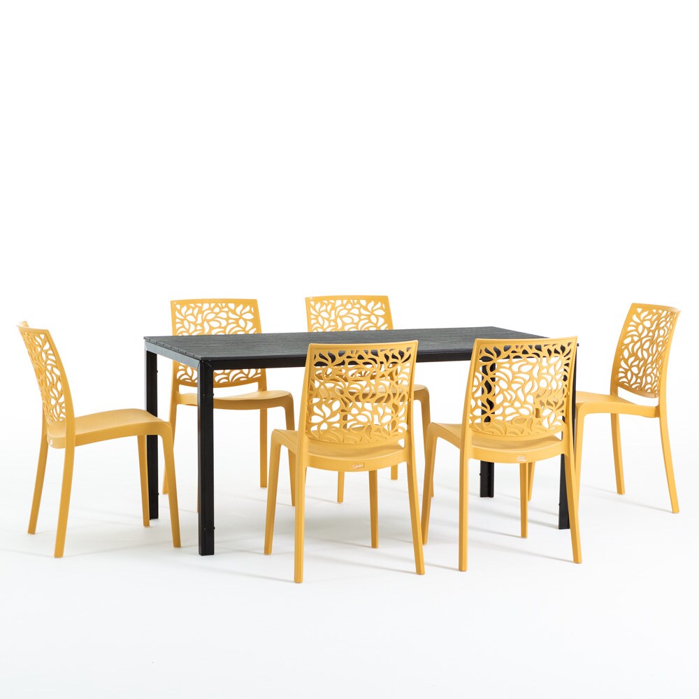 RATTATAN Gartenset mit Tisch und 6 Stühlen, rechteckiger Tisch mit Eisenstruktur und einteilige, stapelbare Stühle aus Harz – Thomas+Anna/Senf-Schwarz Image