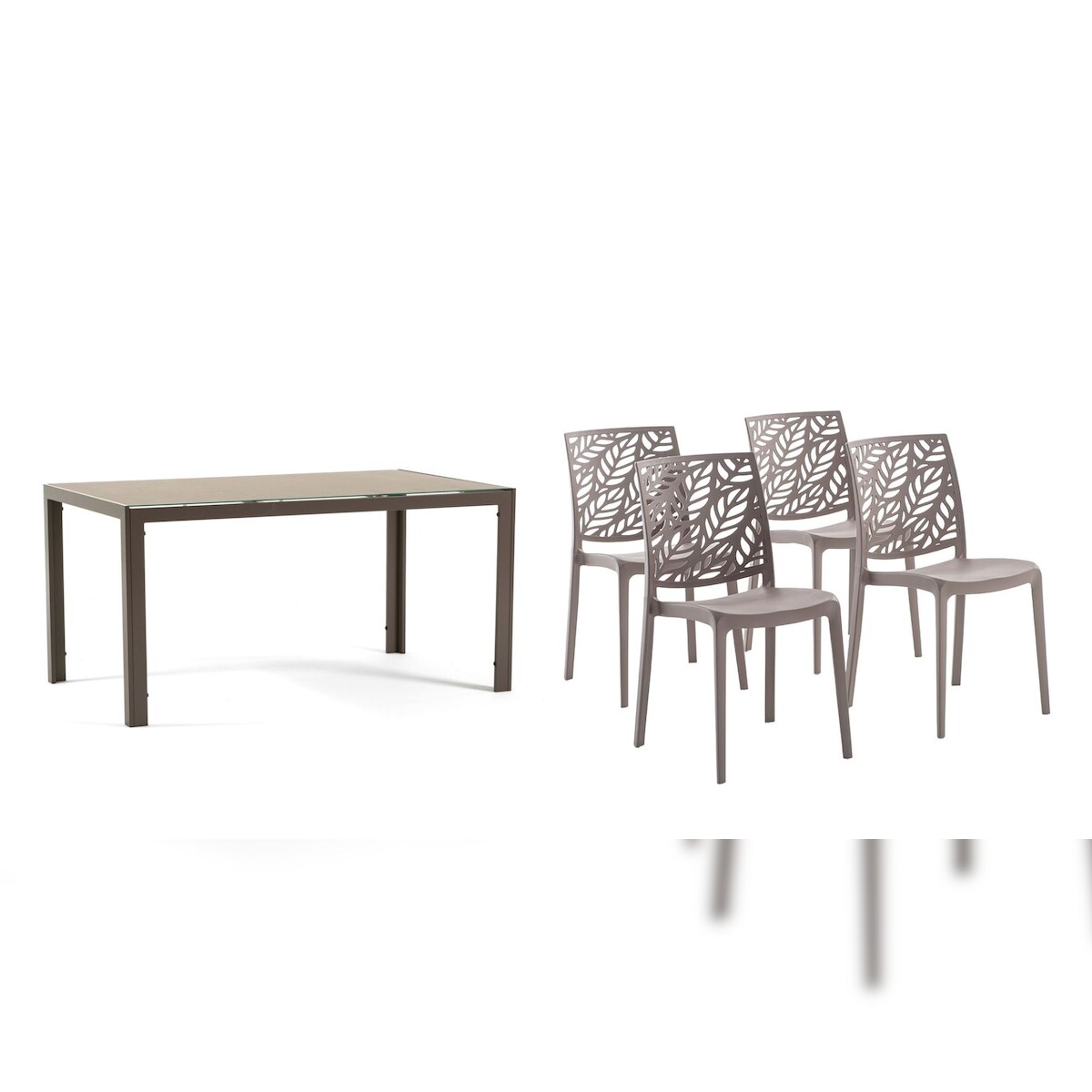 RATTATAN Essgruppe mit Alu-Tisch und 4 stapelbaren Stühlen aus Polypropylen, ideal für Garten und Terrasse – Milo+Dafne Taupe/Taupe/Granit Image