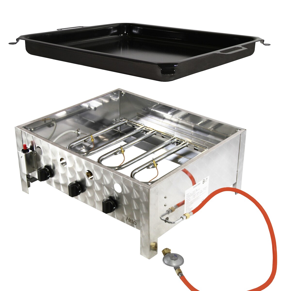 Edelstahl Gasbräter Stahlpfanne10 kW Tischgrill 3 flammig Gasschlauch B01+G02 Image