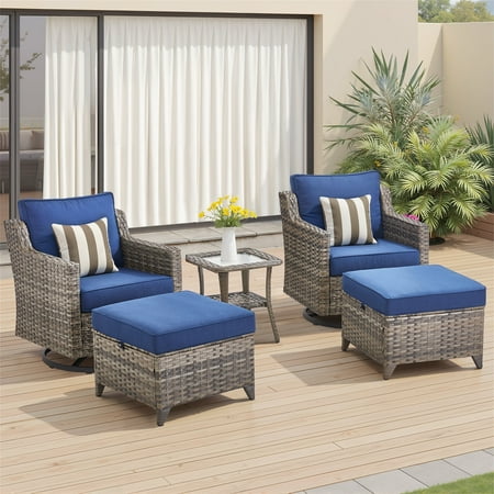 Planntonneo 5 Pieces Wicker Patio Furniture Set-2 Swivel Glider Chairs with 2 Ottoman and Rattan Side Table Outdoor Conversation Sets for Porch Balcony Deck Grey/Blue
