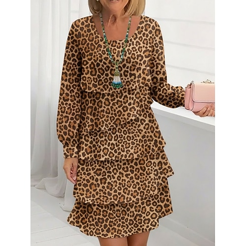 Femmes Mini Robe Robe fourreau Robe Décontractée Robe en Chiffon Robe à Volants Élégant Mode Moderne Quotidien Extérieur Week-end Coupe régulière Léopard manche longue Col ras du cou Léopard Ét