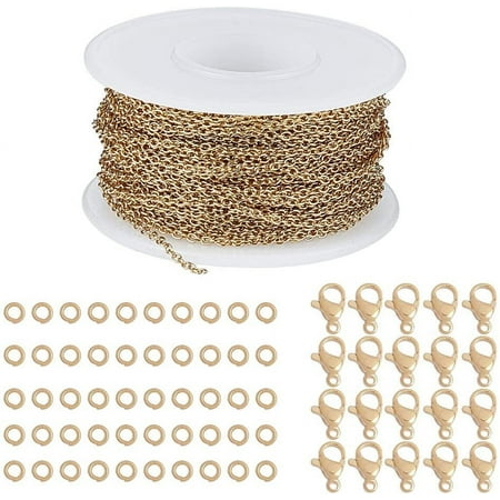 1 Set 33feet Stainless Steel Cable Chain Bulk Golden Curb Cable Chains Link Spool Bulk Chain Necklace Roll 2mm 20 Lobster Clasps 50 Jump Rings for Jewelry Making Supplies DIY Bracelet Necklace Golden