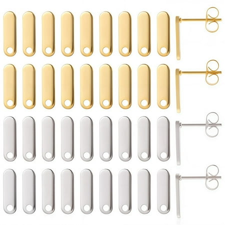 1 box 40pcs 24K golden Plated Earring Findings Earring Stud with Hole Stainless Steel Earring Posts Retangle Earring Post and Backs for Jewelry Making Accessories DIY Dangle Earrings Crafts