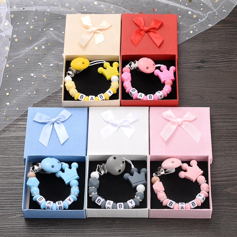 Boxed Personalisierte Name Baby Nippel Clips Silikon Perlen Schnuller Schnuller Ketten DIY Pflege Spielzeug Anti-Drop Schnuller Halter Kette Image