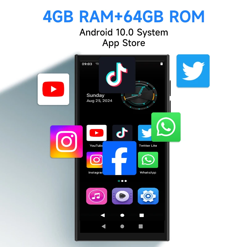 Lecteur MP3 Android RUIZU 64 Go avec Bluetooth et WiFi, lecteur de musique Mp3 et Mp4 tactile couleur 4 pouces, livre électronique pour enfants, écran tactile