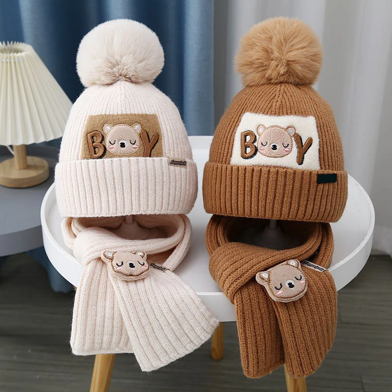 Winter Kinder Schal Beanie Set 1-6year Baby Dicke Wolle Gestrickte Hut Niedlichen Cartoon Kinder Ohr Schutz Kappe Kleinkind halstücher Image
