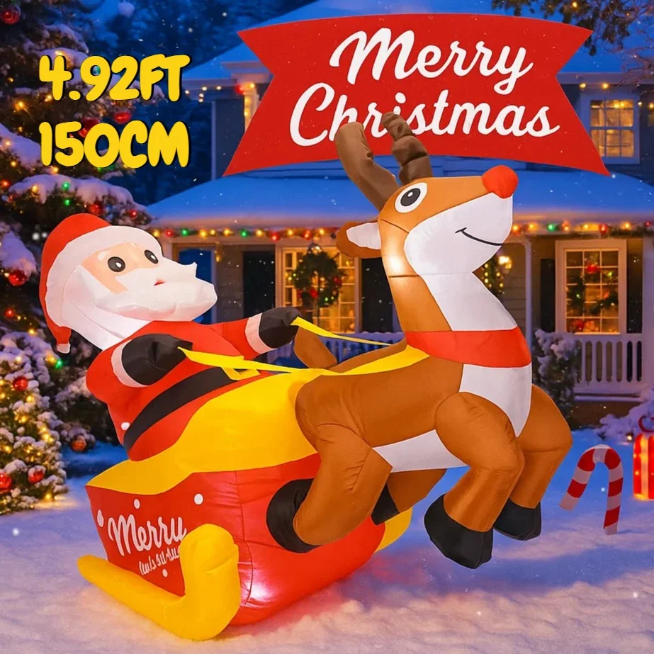 4,92 Fuß aufblasbares Spielzeug, Weihnachtsmann, Rentierschlitten mit LED-Leuchten, Weihnachtsgeschenke, Weihnachtsdekorationen für Hofbedarf, Heimdekorationen Image