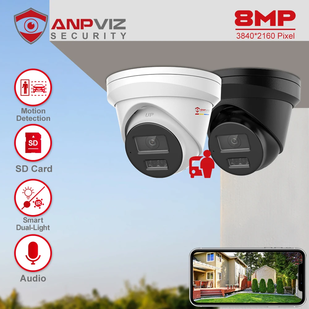Anpviz Smart Light Color Vision Turret 8MP POE IP-Kamera für den Außenbereich, CCTV-Videoüberwachung, IP67, SD-Kartensteckplatz, integriertes Mikrofon, H.265+ Image