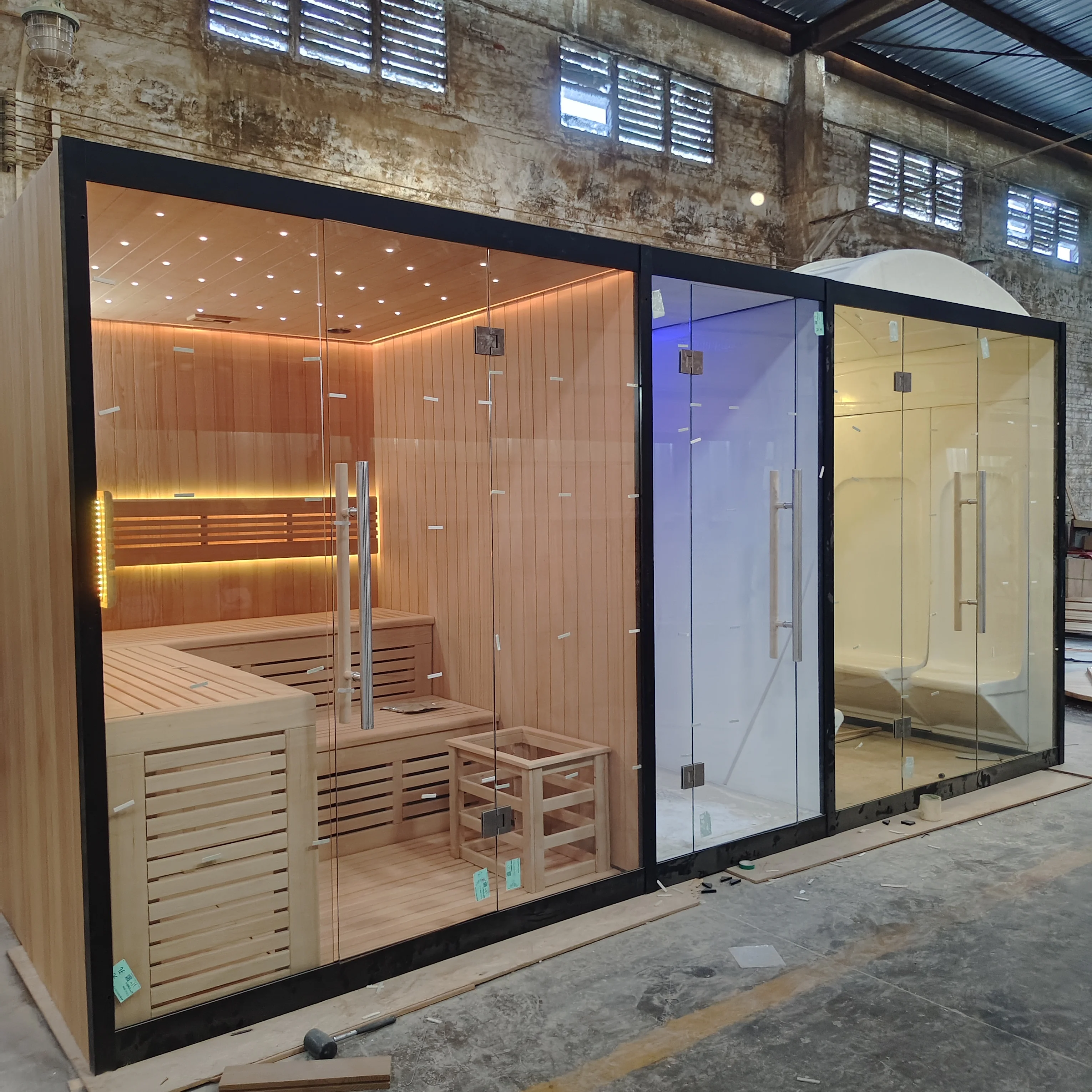 Dampfsauna im chinesischen Stil, 6–8 Personen, großer Saunaraum, nasses und trockenes Fass, Outdoor-Spa-Dusche