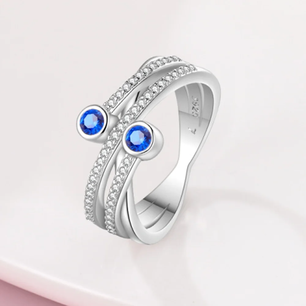 Original Silber Überzug Ring Mode Blau Doppel-Schicht Verflochtene Breite Zirkon Frauen Ringe Paar Hochzeit Luxus Schmuck Geschenk Image